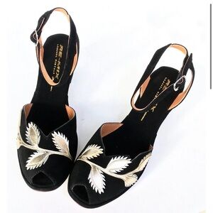 Re-Mix Vintage Flora Black Suede Anklestrap Sandals with Gold Leaf size 8